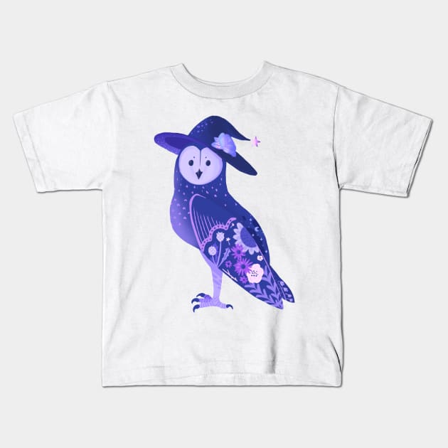 Purple Barn Owl in a Witch Hat Kids T-Shirt by narwhalwall